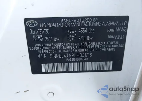 2020 Hyundai Sonata Sel z USA, uszkodzony, nr VIN 5NPEL4JA9LH031718